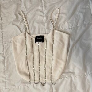Bershka White Camisole with Silver Bead Stripes
